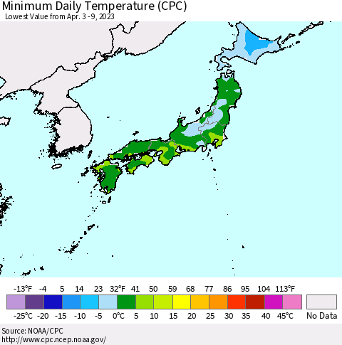 Japan Minimum Daily Temperature (CPC) Thematic Map For 4/3/2023 - 4/9/2023