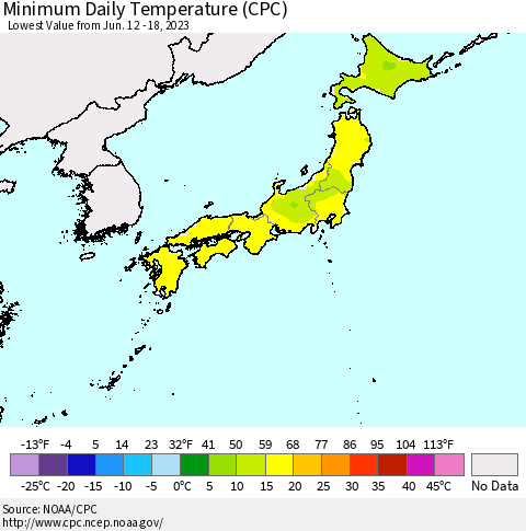 Japan Minimum Daily Temperature (CPC) Thematic Map For 6/12/2023 - 6/18/2023