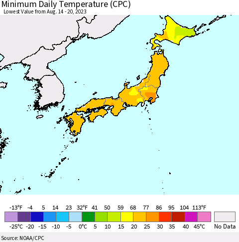 Japan Minimum Daily Temperature (CPC) Thematic Map For 8/14/2023 - 8/20/2023