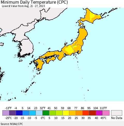 Japan Minimum Daily Temperature (CPC) Thematic Map For 8/21/2023 - 8/27/2023