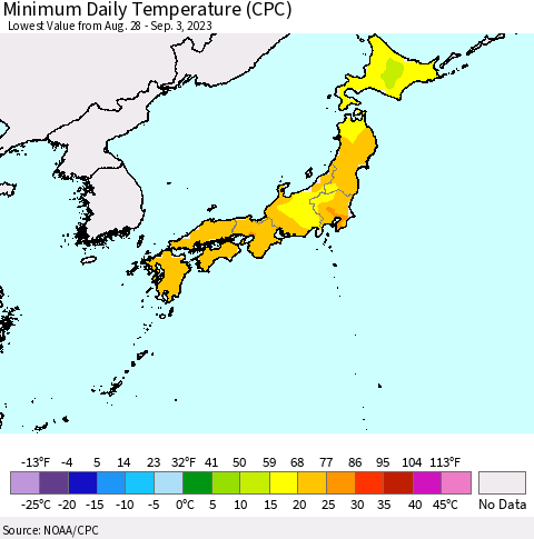 Japan Minimum Daily Temperature (CPC) Thematic Map For 8/28/2023 - 9/3/2023