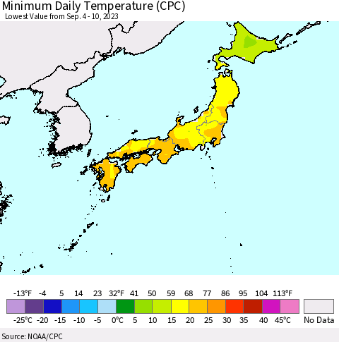 Japan Minimum Daily Temperature (CPC) Thematic Map For 9/4/2023 - 9/10/2023