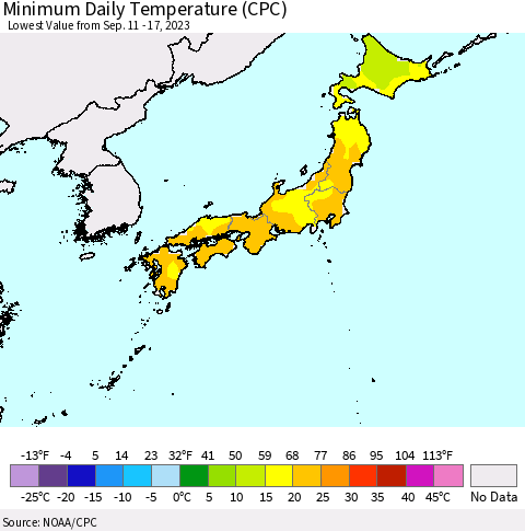 Japan Minimum Daily Temperature (CPC) Thematic Map For 9/11/2023 - 9/17/2023