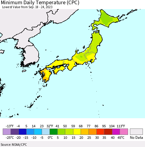 Japan Minimum Daily Temperature (CPC) Thematic Map For 9/18/2023 - 9/24/2023