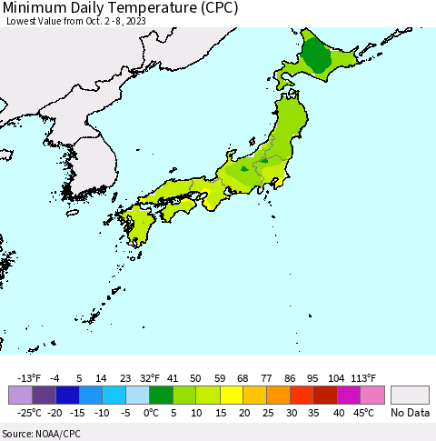 Japan Minimum Daily Temperature (CPC) Thematic Map For 10/2/2023 - 10/8/2023