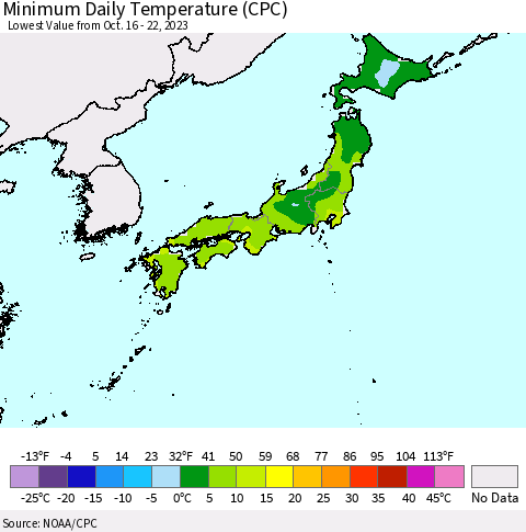 Japan Minimum Daily Temperature (CPC) Thematic Map For 10/16/2023 - 10/22/2023