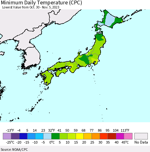 Japan Minimum Daily Temperature (CPC) Thematic Map For 10/30/2023 - 11/5/2023