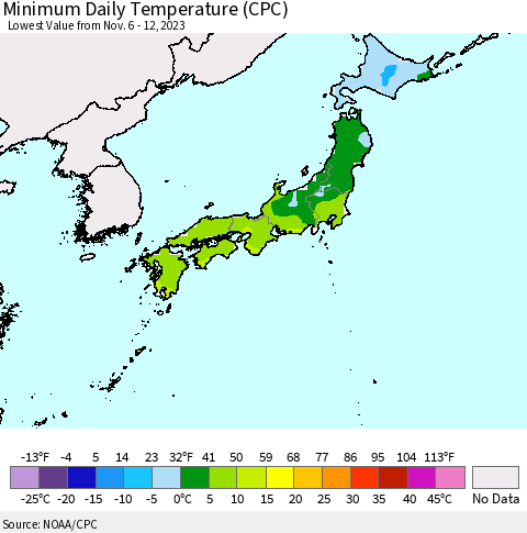Japan Minimum Daily Temperature (CPC) Thematic Map For 11/6/2023 - 11/12/2023