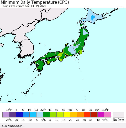 Japan Minimum Daily Temperature (CPC) Thematic Map For 11/13/2023 - 11/19/2023