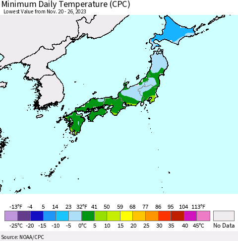 Japan Minimum Daily Temperature (CPC) Thematic Map For 11/20/2023 - 11/26/2023