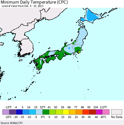 Japan Minimum Daily Temperature (CPC) Thematic Map For 12/4/2023 - 12/10/2023