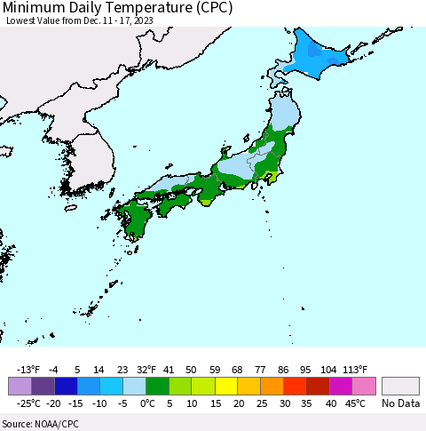 Japan Minimum Daily Temperature (CPC) Thematic Map For 12/11/2023 - 12/17/2023