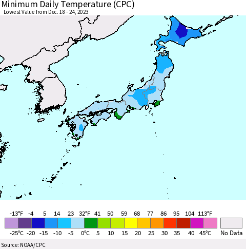 Japan Minimum Daily Temperature (CPC) Thematic Map For 12/18/2023 - 12/24/2023