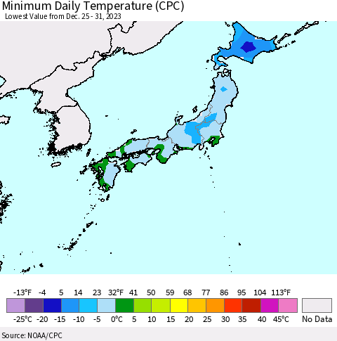 Japan Minimum Daily Temperature (CPC) Thematic Map For 12/25/2023 - 12/31/2023
