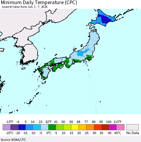 Japan Minimum Daily Temperature (CPC) Thematic Map For 1/1/2024 - 1/7/2024