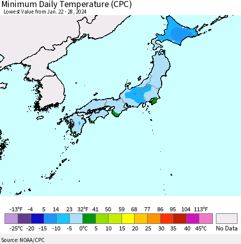 Japan Minimum Daily Temperature (CPC) Thematic Map For 1/22/2024 - 1/28/2024