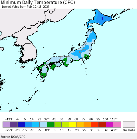 Japan Minimum Daily Temperature (CPC) Thematic Map For 2/12/2024 - 2/18/2024