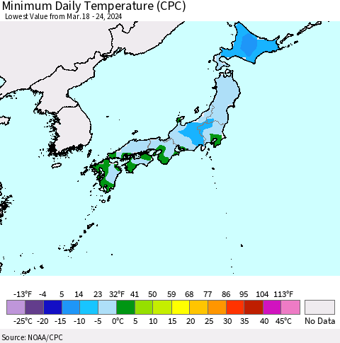Japan Minimum Daily Temperature (CPC) Thematic Map For 3/18/2024 - 3/24/2024
