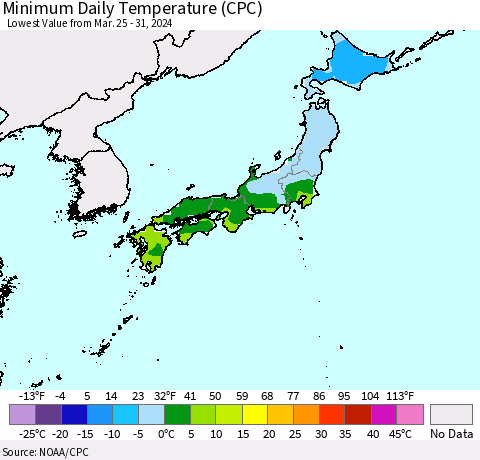 Japan Minimum Daily Temperature (CPC) Thematic Map For 3/25/2024 - 3/31/2024