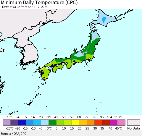 Japan Minimum Daily Temperature (CPC) Thematic Map For 4/1/2024 - 4/7/2024