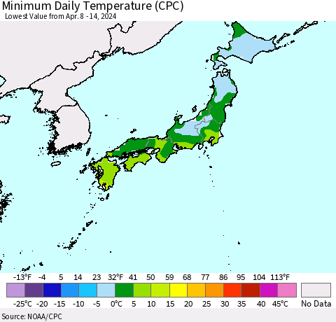 Japan Minimum Daily Temperature (CPC) Thematic Map For 4/8/2024 - 4/14/2024