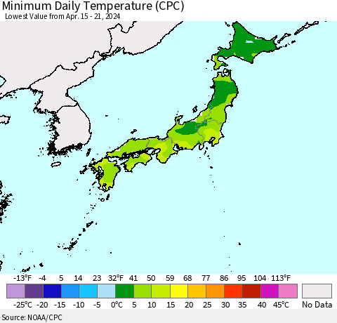 Japan Minimum Daily Temperature (CPC) Thematic Map For 4/15/2024 - 4/21/2024