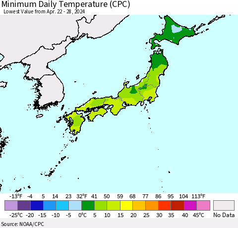 Japan Minimum Daily Temperature (CPC) Thematic Map For 4/22/2024 - 4/28/2024