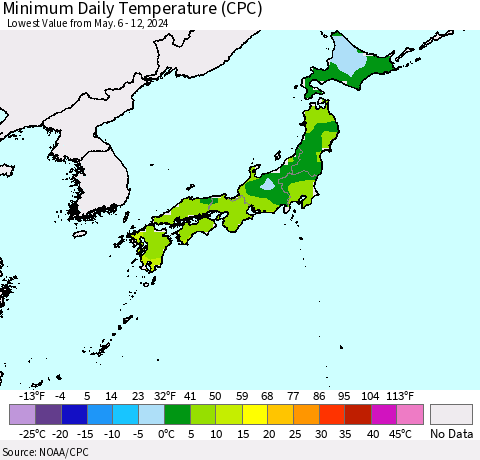 Japan Minimum Daily Temperature (CPC) Thematic Map For 5/6/2024 - 5/12/2024