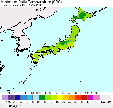 Japan Minimum Daily Temperature (CPC) Thematic Map For 5/13/2024 - 5/19/2024