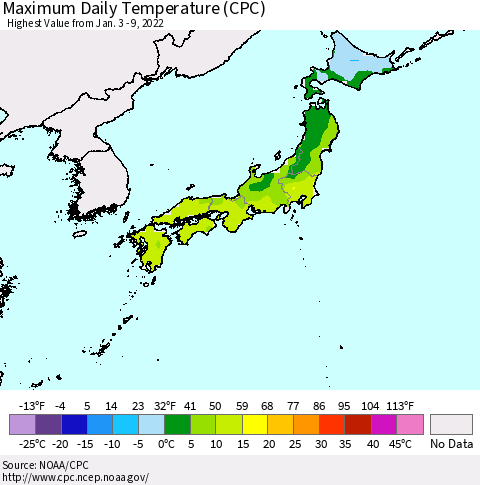 Japan Maximum Daily Temperature (CPC) Thematic Map For 1/3/2022 - 1/9/2022