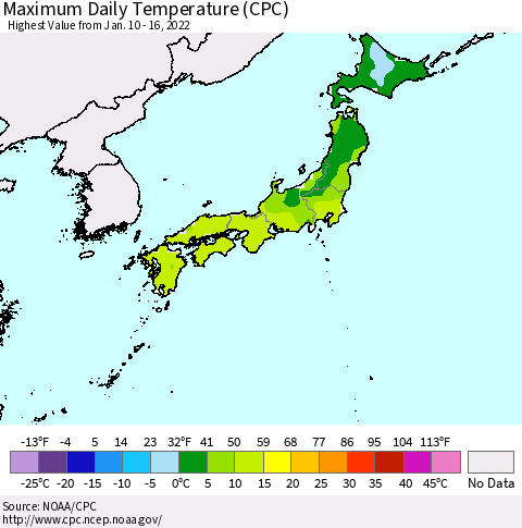 Japan Maximum Daily Temperature (CPC) Thematic Map For 1/10/2022 - 1/16/2022