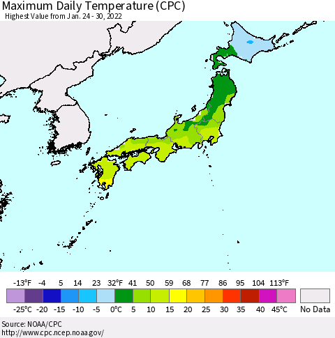 Japan Maximum Daily Temperature (CPC) Thematic Map For 1/24/2022 - 1/30/2022