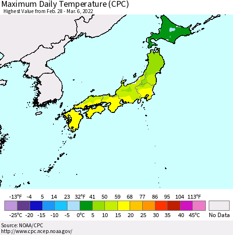 Japan Maximum Daily Temperature (CPC) Thematic Map For 2/28/2022 - 3/6/2022