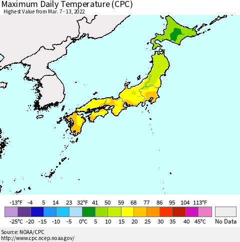 Japan Maximum Daily Temperature (CPC) Thematic Map For 3/7/2022 - 3/13/2022