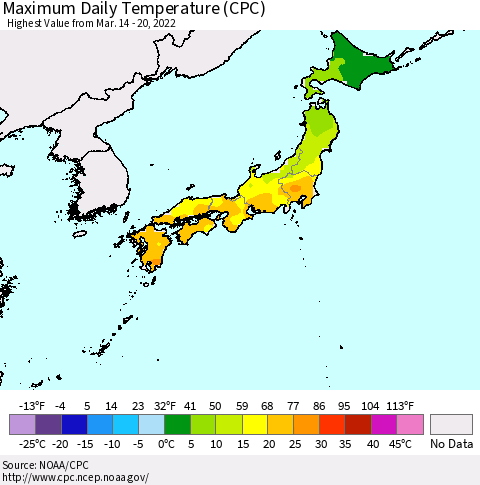 Japan Maximum Daily Temperature (CPC) Thematic Map For 3/14/2022 - 3/20/2022