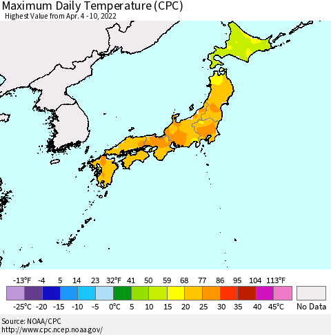 Japan Maximum Daily Temperature (CPC) Thematic Map For 4/4/2022 - 4/10/2022