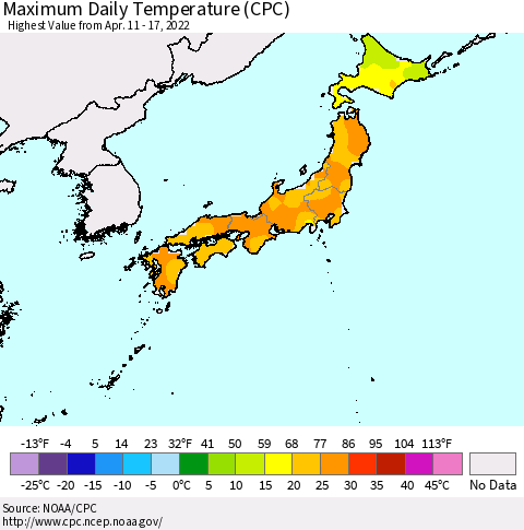 Japan Maximum Daily Temperature (CPC) Thematic Map For 4/11/2022 - 4/17/2022