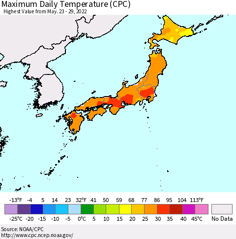 Japan Maximum Daily Temperature (CPC) Thematic Map For 5/23/2022 - 5/29/2022