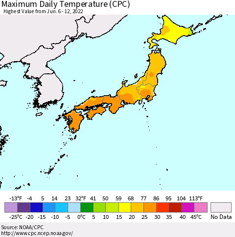 Japan Maximum Daily Temperature (CPC) Thematic Map For 6/6/2022 - 6/12/2022