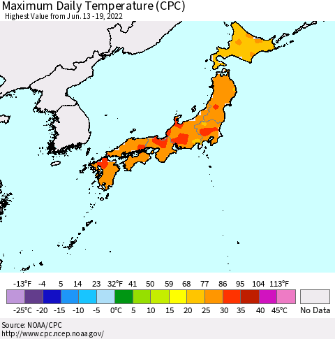 Japan Maximum Daily Temperature (CPC) Thematic Map For 6/13/2022 - 6/19/2022