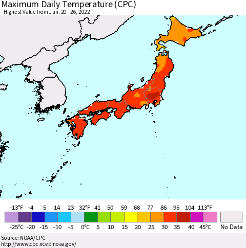 Japan Maximum Daily Temperature (CPC) Thematic Map For 6/20/2022 - 6/26/2022