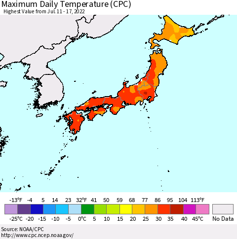Japan Maximum Daily Temperature (CPC) Thematic Map For 7/11/2022 - 7/17/2022