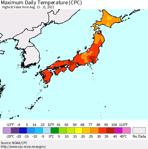 Japan Maximum Daily Temperature (CPC) Thematic Map For 8/15/2022 - 8/21/2022