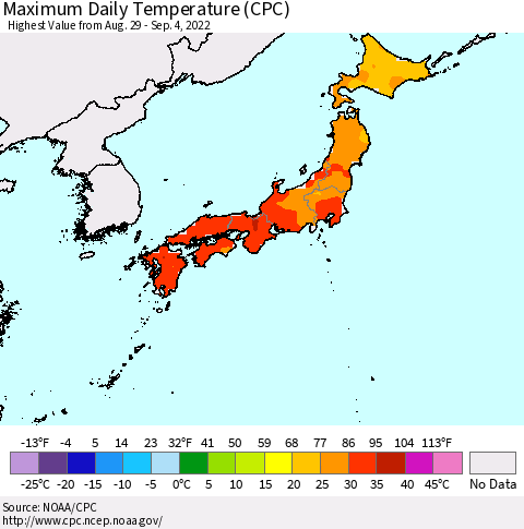 Japan Maximum Daily Temperature (CPC) Thematic Map For 8/29/2022 - 9/4/2022
