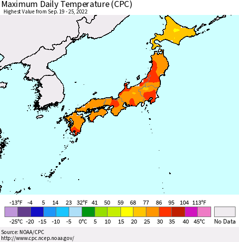 Japan Maximum Daily Temperature (CPC) Thematic Map For 9/19/2022 - 9/25/2022
