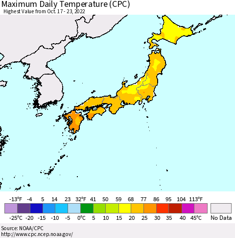 Japan Maximum Daily Temperature (CPC) Thematic Map For 10/17/2022 - 10/23/2022