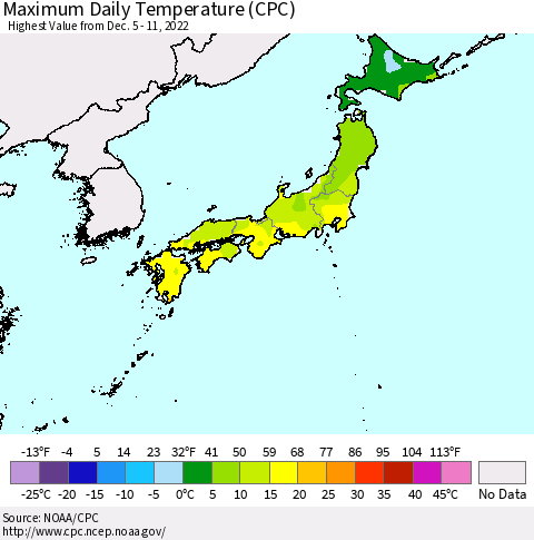Japan Maximum Daily Temperature (CPC) Thematic Map For 12/5/2022 - 12/11/2022