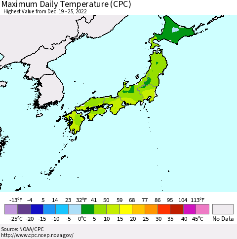 Japan Maximum Daily Temperature (CPC) Thematic Map For 12/19/2022 - 12/25/2022