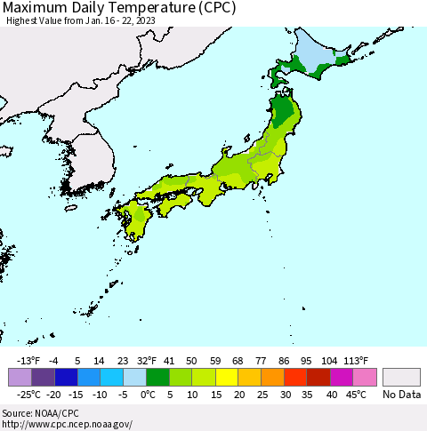 Japan Maximum Daily Temperature (CPC) Thematic Map For 1/16/2023 - 1/22/2023