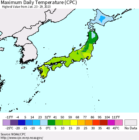Japan Maximum Daily Temperature (CPC) Thematic Map For 1/23/2023 - 1/29/2023
